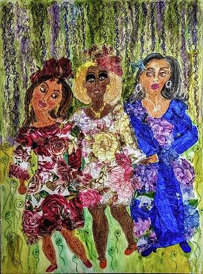 Three Women in Floral Dresses Wall Art