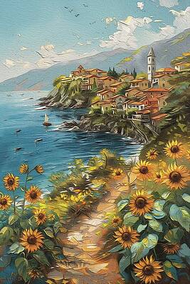Vibrant Wall Art featuring the digital art SunFlowers At Coastal Village Digital Oil Painting by Nature Oil Painting