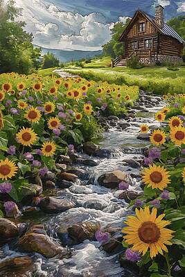 Sky Digital Art - Sunflowers In The Cabin Digital Oil Painting by Nature Oil Painting