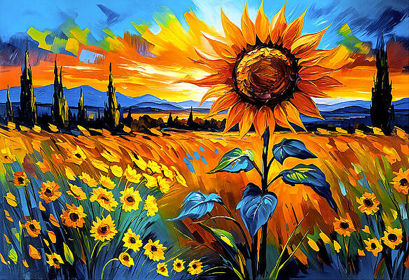 Wall Art featuring the digital art Sunflowers On A Field - Impressionist Painting by Nicko Prints
