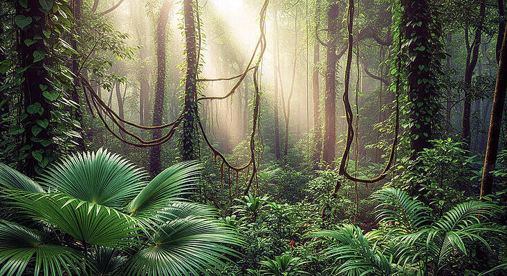 Modern Wall Art featuring the ai art Sunlit Jungle Serenity by The Luxury Art Collection
