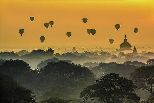 Sunrise Wall Art featuring the photograph Sunrise Hot Air Balloons Over Bagan, Myanmar by Miroslav Liska