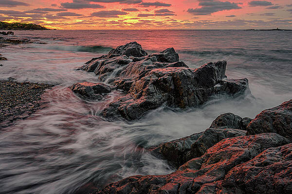 Maine Wall Art featuring the photograph Sunrise On The Rocks, Fort Foster. by Jeff Sinon