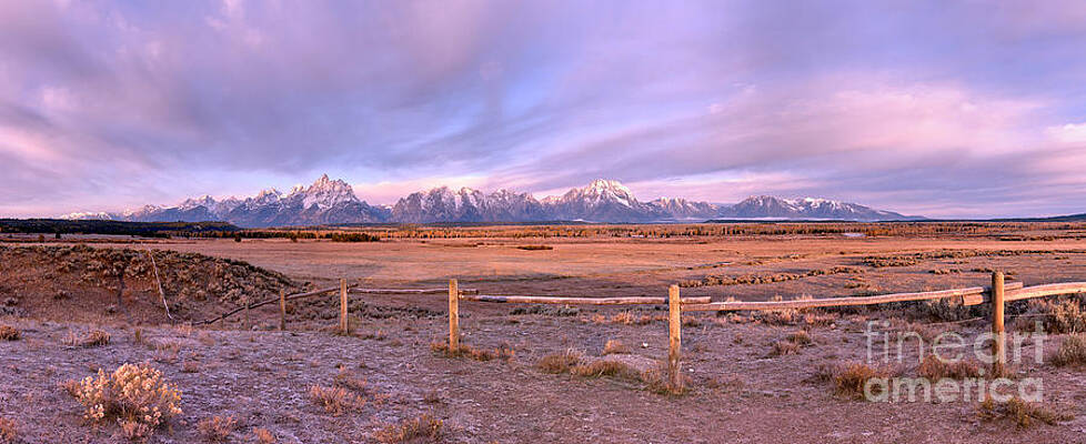 Wall Art featuring the photograph Sunrise Over The Teton Ranch Fence Panorama by Adam Jewell