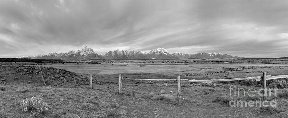 Wall Art featuring the photograph Sunrise Over The Teton Ranch Fence Panorama Black And White by Adam Jewell