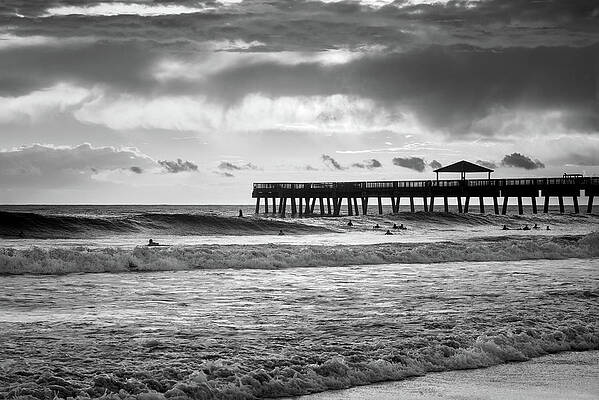 Moody Wall Art featuring the photograph Sunrise Surfers Black And White by Laura Fasulo