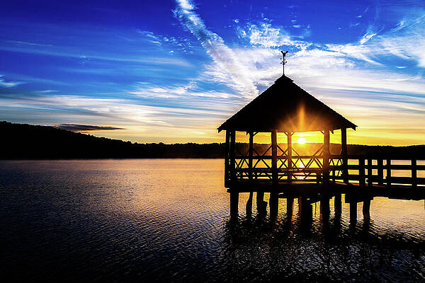 Sunrise Photograph - Sunrise Through Gazebo Overlooking Tranquil Lake by NorthEast Creativity