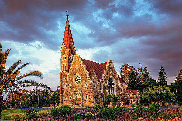 Sky Photograph - Sunset Above Christchurch, A Historic Lutheran Church In Windhoek, Namibia by Miroslav Liska