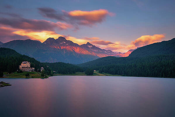 Summer Wall Art featuring the photograph Sunset Above Lake St. Moritzersee With Swiss Alps And A Mountain Hotel by Miroslav Liska