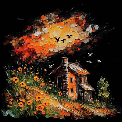 Digital Art - Sunset Cottage And Sunflowers by Deb Beausoleil