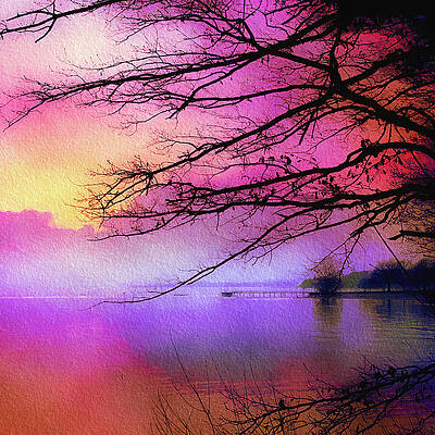 Tree Wall Art featuring the mixed media Sunset On The Lake by Tatiana Travelways