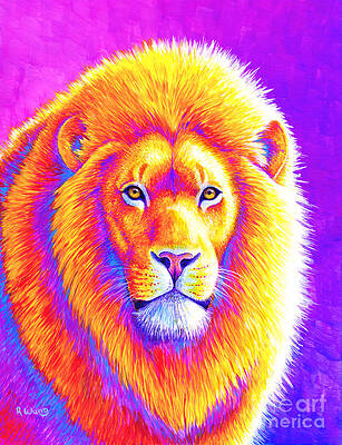 Bold Wall Art featuring the painting Sunset On The Savanna - African Lion by Rebecca Wang