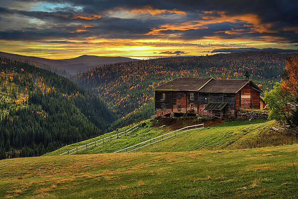 Photograph - Sunset Over A Farmhouse Barn In Autumn Near Rondane National Park, Norway by Miroslav Liska