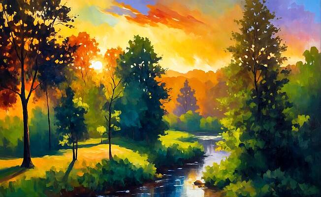 Wall Art featuring the digital art Sunset Over A Meandering Creek Surrounded By Trees - Digital Painting by Nicko Prints