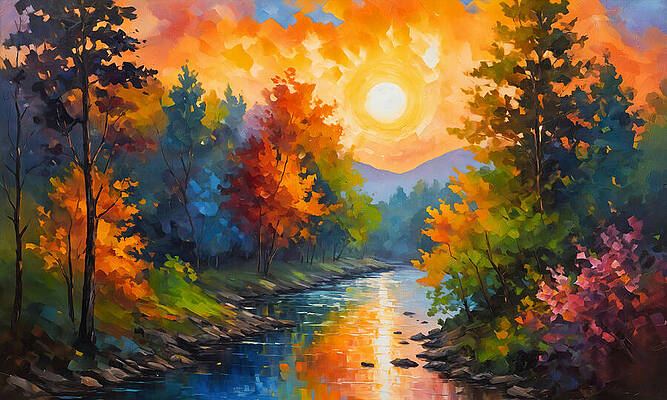 Wall Art featuring the digital art Sunset Over A River With Colorful Trees - Impressionist Painting by Nicko Prints