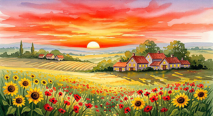 Modern Wall Art featuring the painting Sunset Over Countryside Fields by The Luxury Art Collection