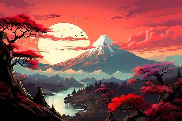 Serene Digital Art - Sunset Over Mount Fuji In Ukiyo-e Style by Andre Petrov