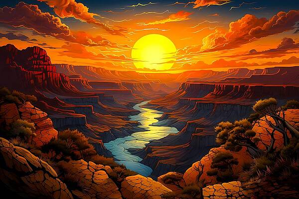 Intricate Digital Art - Sunset Over The Grand Canyon In Art Nouveau Style No 1 by Andre Petrov
