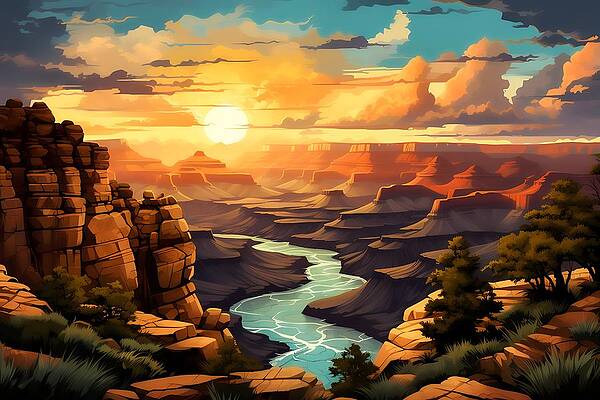 Intricate Digital Art - Sunset Over The Grand Canyon In Art Nouveau Style No 2 by Andre Petrov