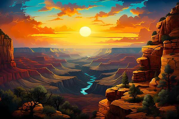 Intricate Digital Art - Sunset Over The Grand Canyon In Art Nouveau Style No 3 by Andre Petrov