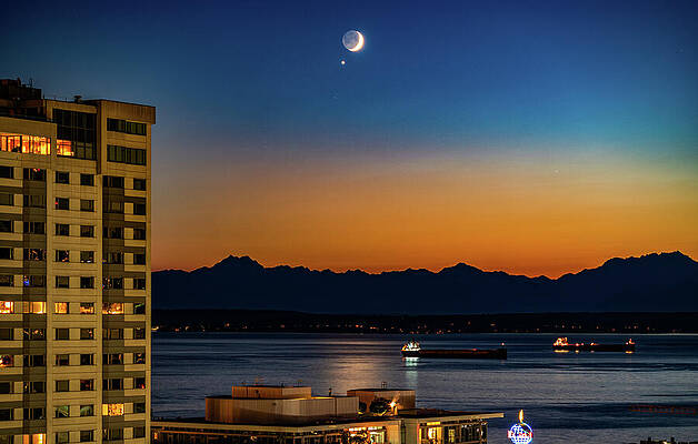 Seattle Wall Art featuring the photograph Sunset Seattle Puget Sound Moon And Star by Tommy Farnsworth