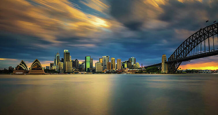 Wall Art featuring the photograph Sunset Skyline Of Sydney Downtown With Harbour Bridge by Miroslav Liska