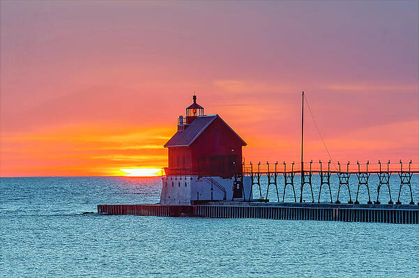 Sunset Over Lakeside Lighthouse Wall Art