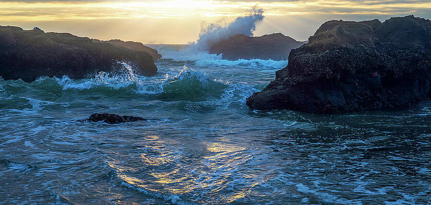 Sunset Waves Crashing on Rocky Shore Wall Art