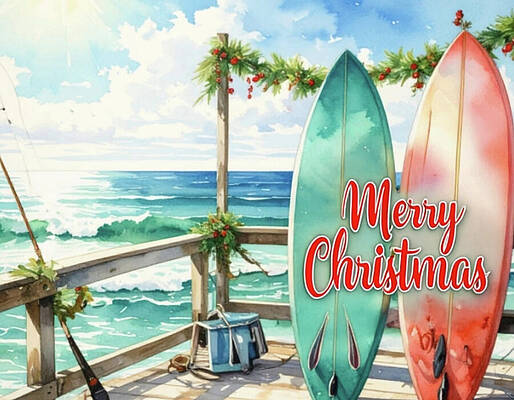 Surfboards and Christmas at the Beach Wall Art