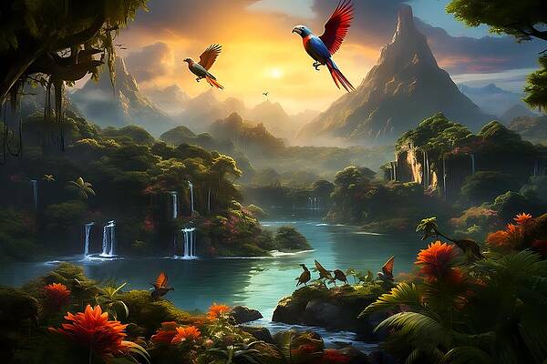 Wildlife Digital Art - Surreal Depiction Of The Amazon Rainforest With Exotic Birds No 1 by Andre Petrov