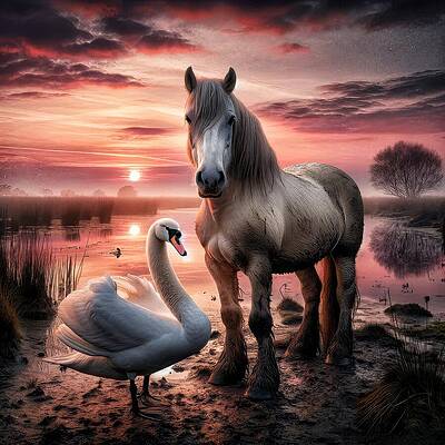 Majestic Wall Art featuring the digital art Swan And Steed by Bill And Linda Tiepelman