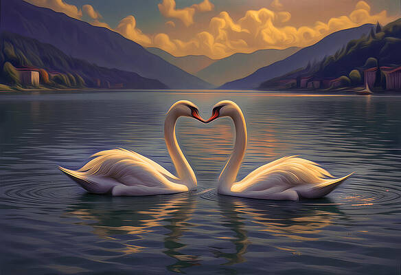 Swans at Sunset on a Serene Lake Digital Art
