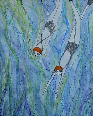 Swimming Wall Art featuring the mixed media Swim Sisters by Mary Conner