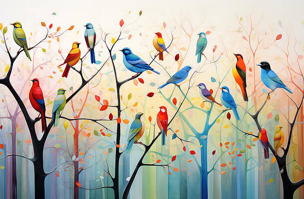 Vibrant Wall Art featuring the painting Symphony Of Colorful Birds by Land of Dreams
