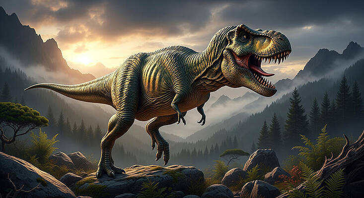 Nature Wall Art featuring the ai art T-Rex Roaming Prehistoric Landscape by The Luxury Art Collection