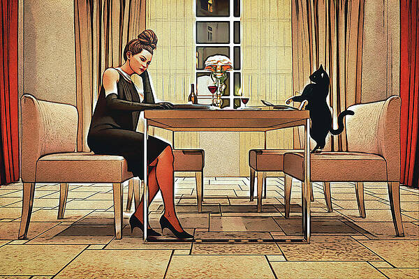 Elegant Dinner with a Cat Print