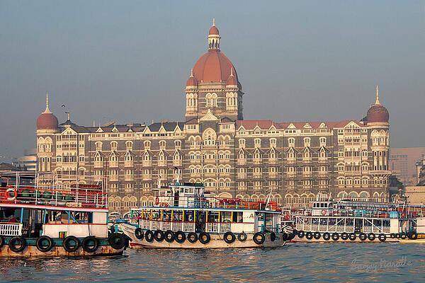 Wall Art featuring the photograph Taj Palace Hotel And Ferries, Mumbai by Sanjay Marathe