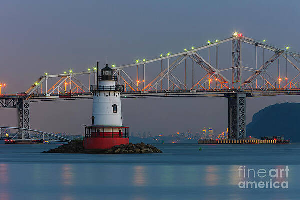 Reflection Wall Art featuring the photograph Tarrytown Lighthouse And Tappan Zee Bridge At Twilight by Clarence Holmes