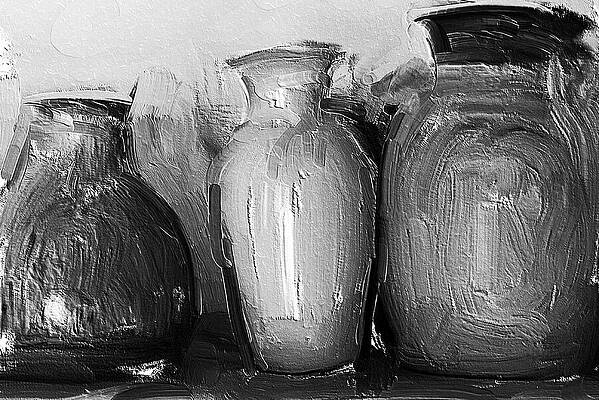 Wall Art featuring the mixed media Terra Cotta Vases On A Shelf - Black And White by Tatiana Travelways