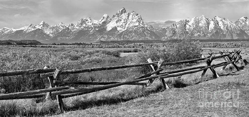Wall Art featuring the photograph Teton Fence Sunrise Panorama Black And White by Adam Jewell