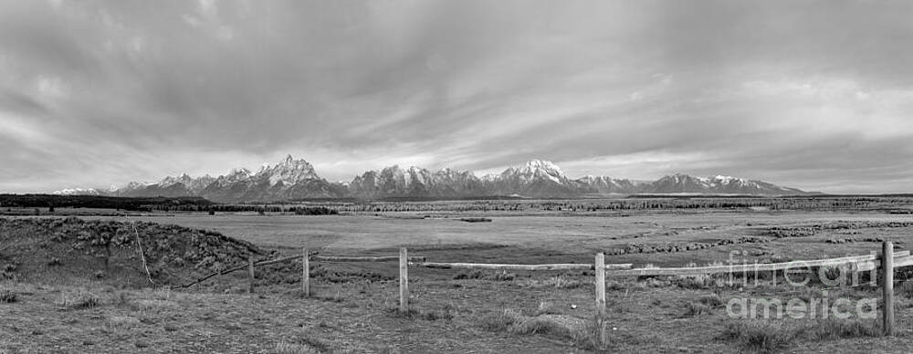 Wall Art featuring the photograph Teton Ranch Sunrise Panorama Black And White by Adam Jewell