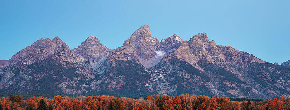 Wall Art featuring the photograph Teton Range Autumn Blue Hour Panorama by Dan Sproul