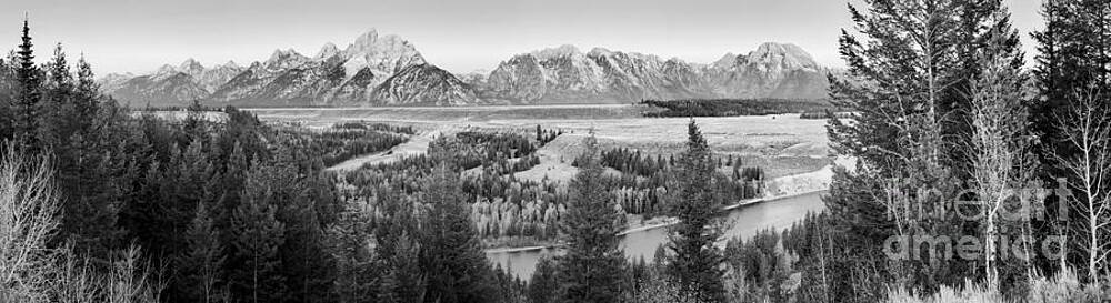Wall Art featuring the photograph Teton Snake River Overlook Fall Sunrise Panorama Black And White by Adam Jewell