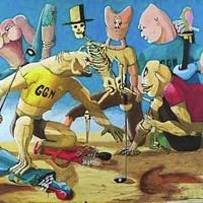 Golf Wall Art featuring the painting The Caddies At The Prehistoric Course, At Golf God National. by Randall Coleman