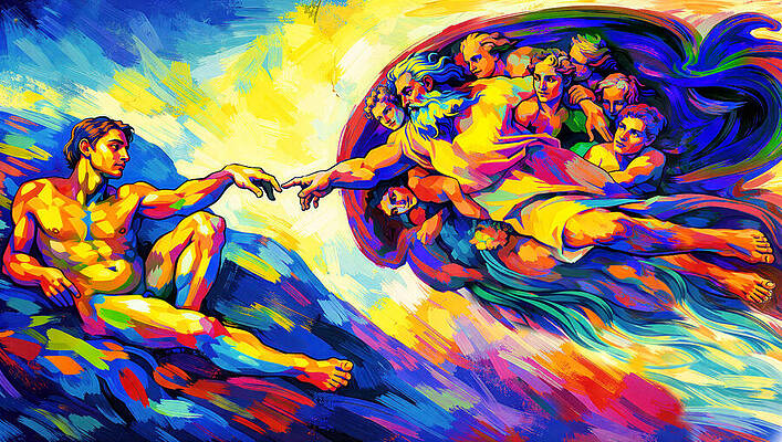 Colorful Rendition of Michelangelo's Creation Digital Art