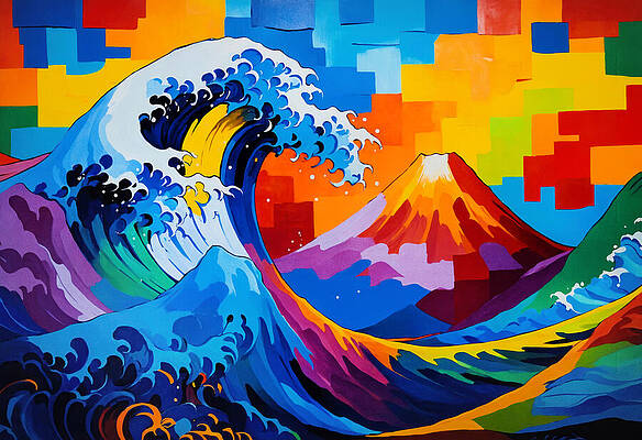 Vibrant Waves and Mountainscape Digital Art