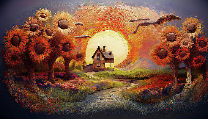 Digital Art - The Homestead Amidst Sunflowers - Widesceen Format by Deb Beausoleil