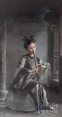 Emotional Wall Art featuring the painting The Language Of Cranes by Mingyue Wang