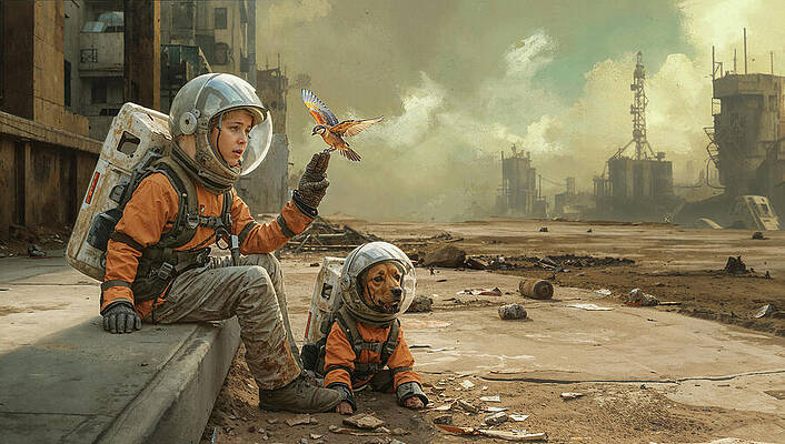 Astronaut Child and Dog in Ruins Print