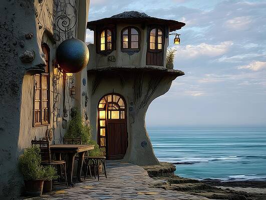 Coastal Cliffside Retreat at Dusk Digital Art